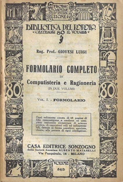 Formolario completo di Computisteria e Ragioneria (in due volumi). Vol. I: Formolario - copertina