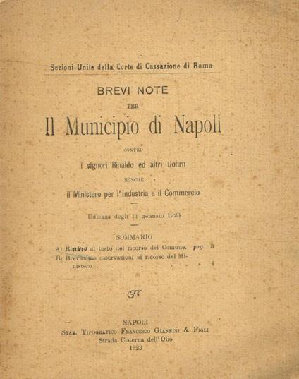 Brevi note per il Municipio di Napoli contro i signori Rinaldo ed altri Dohrn nonché il Ministero per l'industria e il commercio - copertina