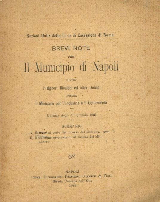 Brevi note per il Municipio di Napoli contro i signori Rinaldo ed altri Dohrn nonché il Ministero per l'industria e il commercio - copertina