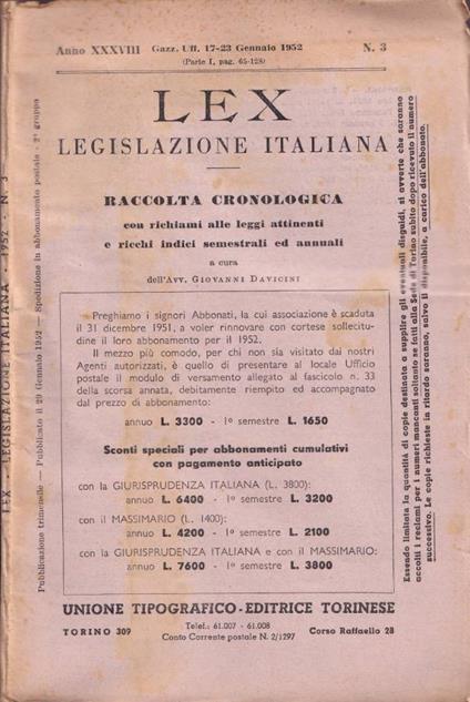 Lex Legislazione Italiana, anno XXXVIII, n. 3, gennaio 1952 - Giovanni Davicini - copertina
