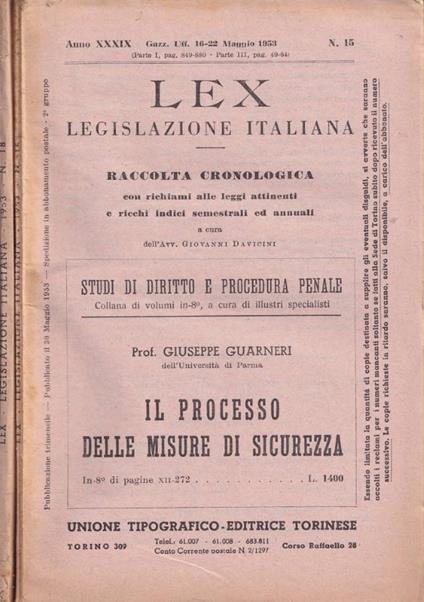 Lex Legislazione Italiana, anno XXXIX, n. 15, 18, 1953 - Giovanni Davicini - copertina