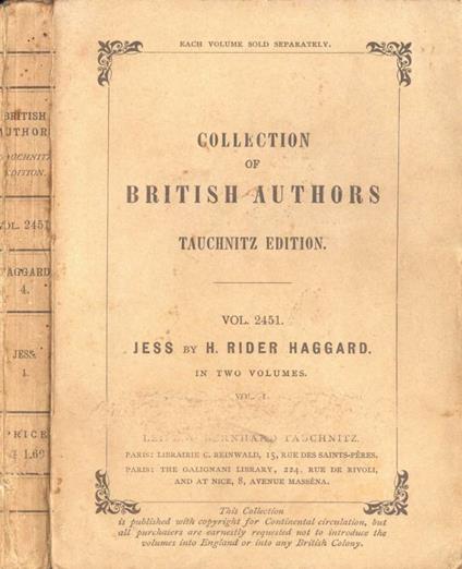 Jess (in two volumes). Vol. I - H. Rider Haggard - copertina