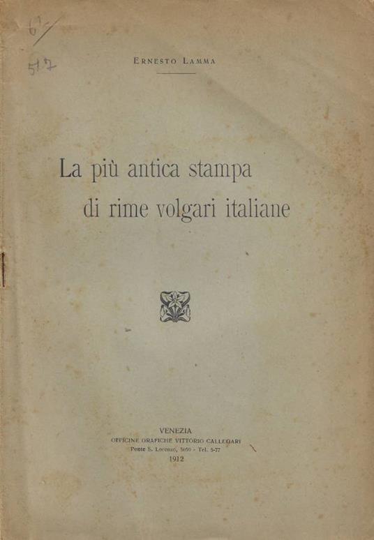 La più antica stampa di rime volgari italiane - Ernesto Lamma - copertina