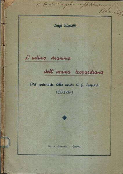 L' intimo dramma dell' anima leopardiana ( Autografo ) - Luigi Nicoletti - copertina