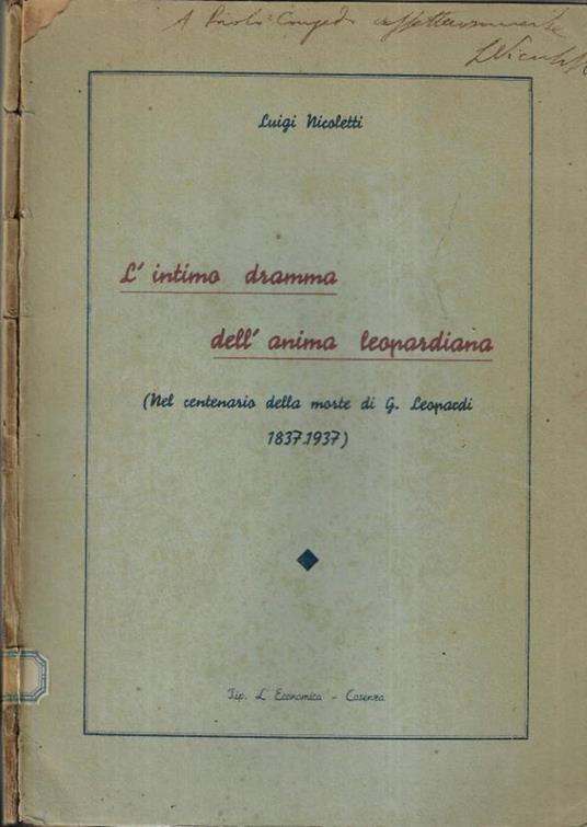 L' intimo dramma dell' anima leopardiana ( Autografo ) - Luigi Nicoletti - copertina