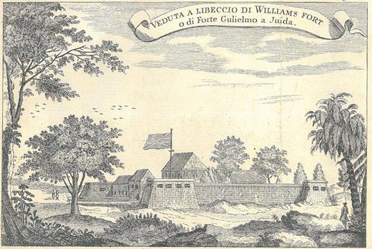 Veduta a libeccio di Williams Fort o di Forte Guglielmo a Juida. (Africa, Sierra Leone). Tratto dall'opera "Storia generale de' viaggi o nuova raccolta di tutte le relazioni de' viaggi per mare, e per terra..." - copertina