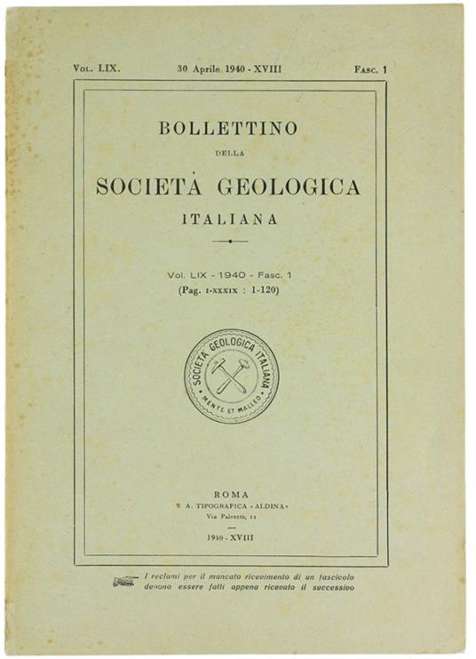 BOLLETTINO DELLA SOCIETA' GEOLOGICA ITALIANA. Volume LIX-1940. Fascicolo 1 - copertina