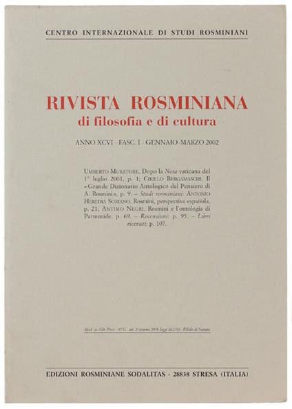 RIVISTA ROSMINIANA DI FILOSOFIA E DI CULTURA. Fasc. I/2002 - copertina