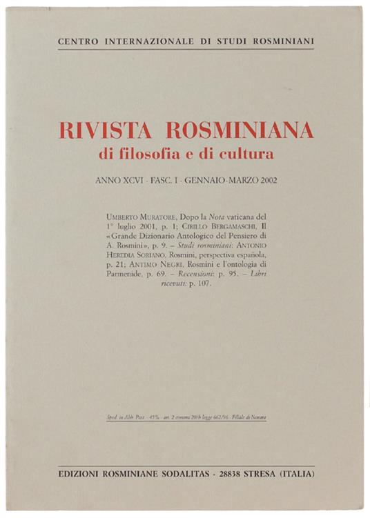 RIVISTA ROSMINIANA DI FILOSOFIA E DI CULTURA. Fasc. I/2002 - copertina