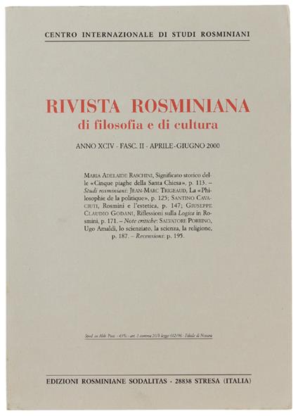 RIVISTA ROSMINIANA DI FILOSOFIA E DI CULTURA. Fasc.II/2000 - Centro Internazionale Studi Rosminiani - copertina