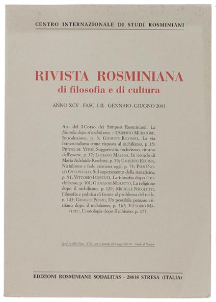 RIVISTA ROSMINIANA DI FILOSOFIA E DI CULTURA. Fasc. I-II/2001. Atti del Primo Corso dei "Simposi Rosminiani" - Centro Internazionale Studi Rosminiani - copertina