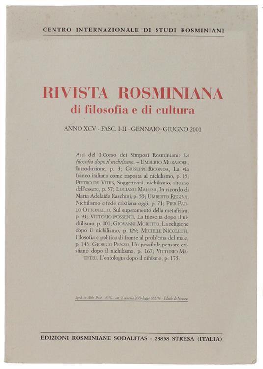 RIVISTA ROSMINIANA DI FILOSOFIA E DI CULTURA. Fasc. I-II/2001. Atti del Primo Corso dei "Simposi Rosminiani" - Centro Internazionale Studi Rosminiani - copertina