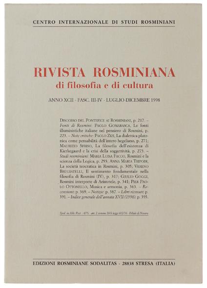 RIVISTA ROSMINIANA DI FILOSOFIA E DI CULTURA. Fasc.III-IV/1998 - Centro Internazionale Studi Rosminiani - copertina