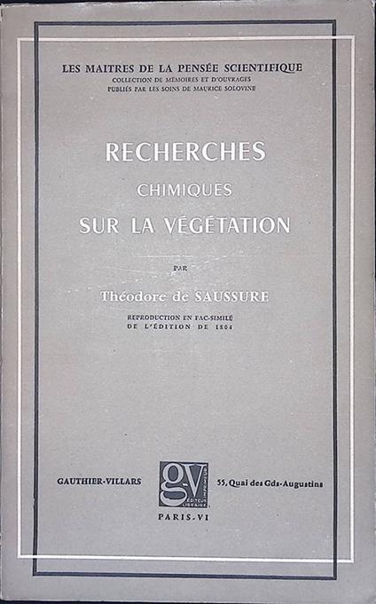 Recherches Chimiques sur la Végétation - copertina