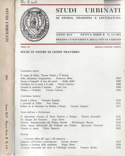 Studi urbinati di storia, filosofia e letteratura tomo III anno XLV 1971 nuova serie B N. 1-2 - Carlo Bo - copertina