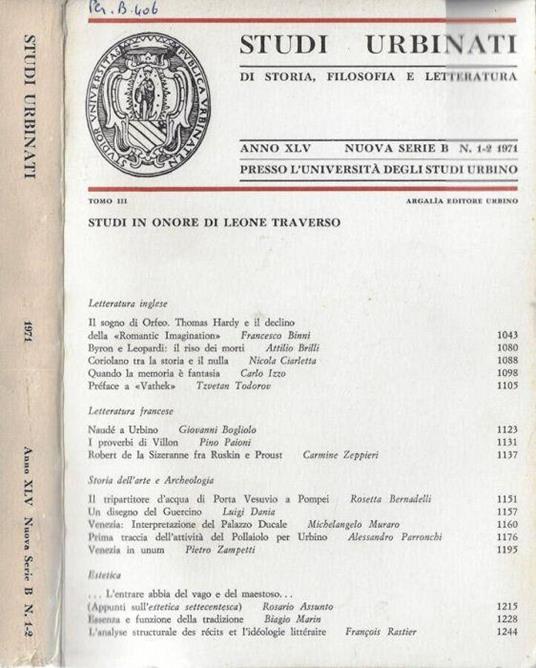 Studi urbinati di storia, filosofia e letteratura tomo III anno XLV 1971 nuova serie B N. 1-2 - Carlo Bo - copertina