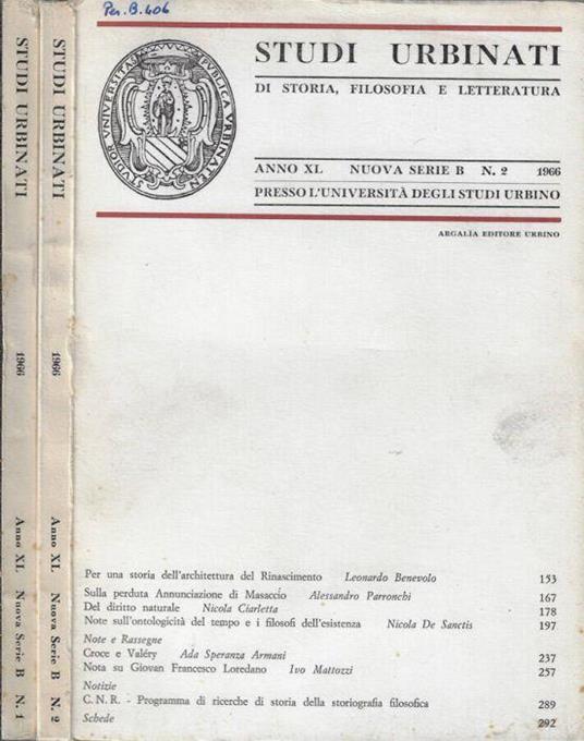 Studi urbinati di storia, filosofia e letteratura anno XL 1966 nuova serie B N. 1, 2 - Carlo Bo - copertina