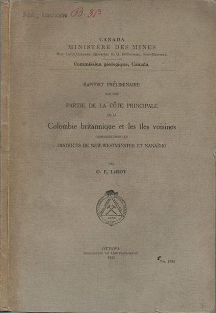 Rapport préliminaire sur une Partie de la Cote Principale de la Colombie britannique et les iles voisines - copertina