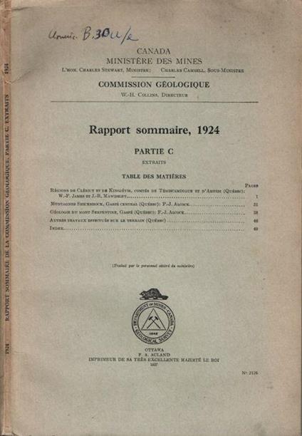 Rapport sommaire, 1924 - copertina