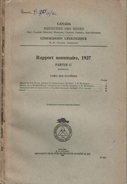 Rapport sommaire, 1927 - copertina