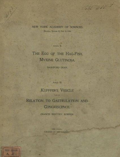 Article II-The egg of the hag-fish, myxine glutinosa. Article III-Kupffer's vescicle and its relation to gastrulation and concrescence - copertina