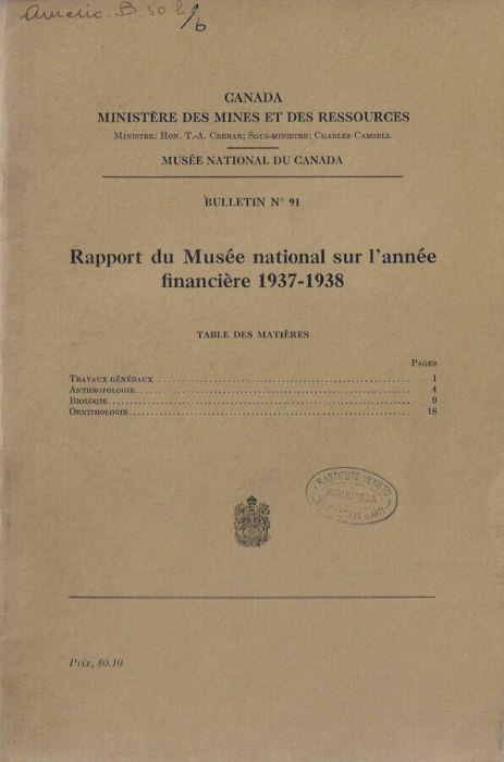 Rapport du Mesèe national sur l'année financière 1937-1938 - copertina