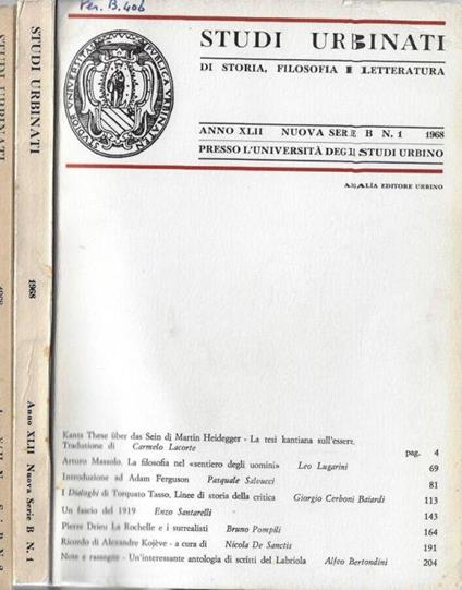 Studi urbinati di storia, filosofia e letteratura anno XLII 1968 nuova serie B N. 1, 2 - copertina