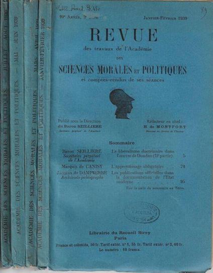Revue des travaux de l'Académie des sciences morales et politiques et comptes-rendus e ses séances année 1939 n. 1, 2, 3, 4 - copertina