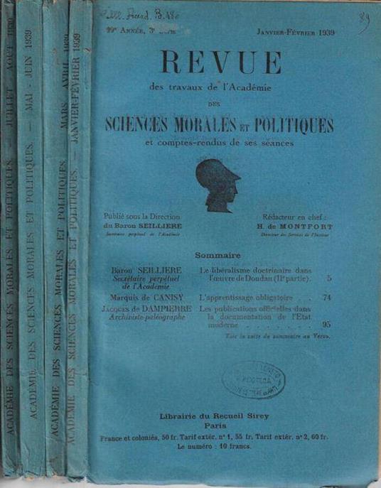Revue des travaux de l'Académie des sciences morales et politiques et comptes-rendus e ses séances année 1939 n. 1, 2, 3, 4 - copertina