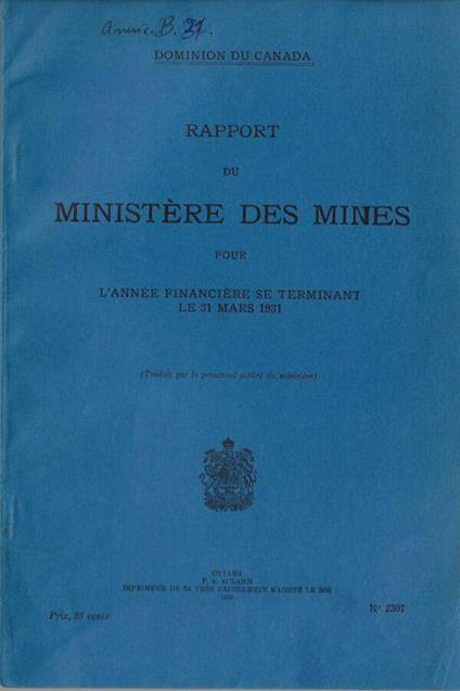 Rapport du Ministère des Mines pour l'année financière se terminant le 31 mars 1931 - copertina