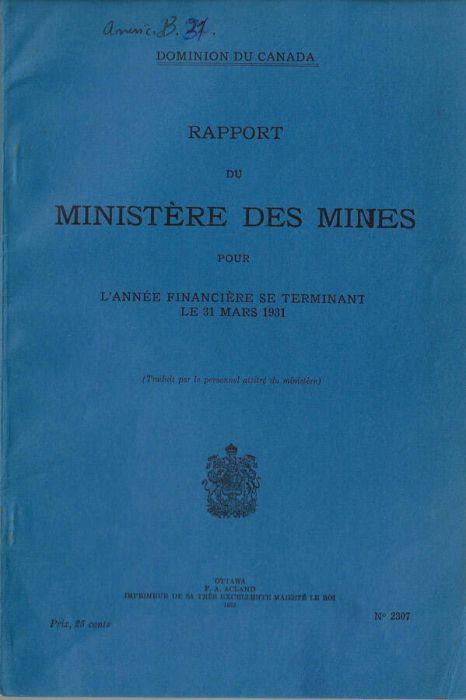 Rapport du Ministère des Mines pour l'année financière se terminant le 31 mars 1931 - copertina