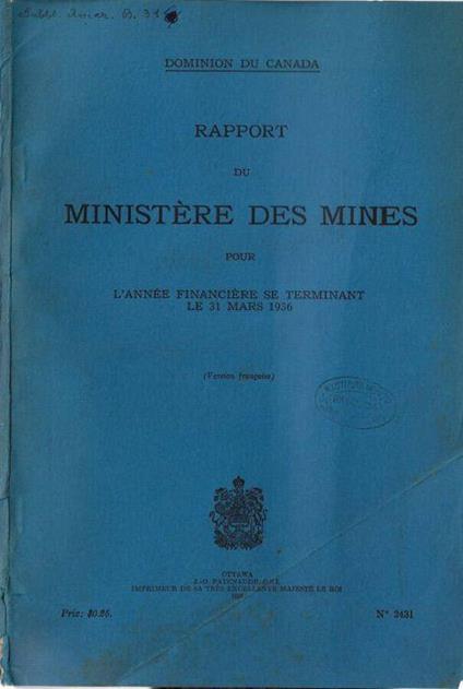 Rapport du Ministère des Mines pour l'année financière se terminant le 31 mars 1936 - copertina