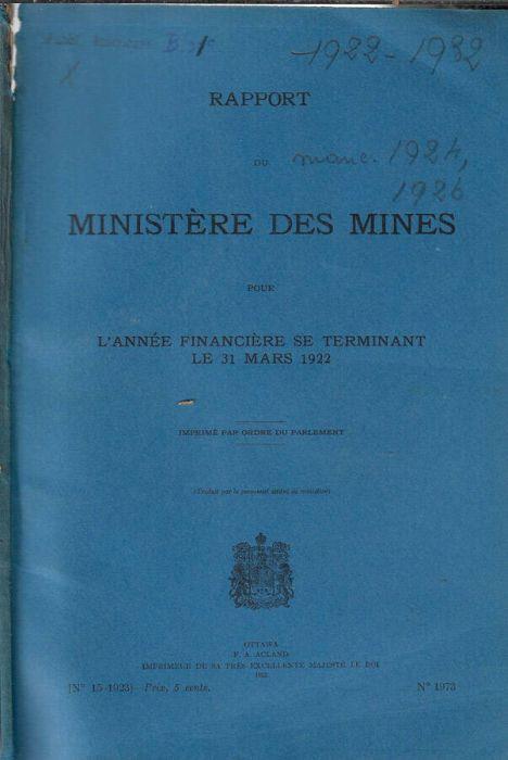 Rapport du Ministère des Mines pour l'année financière se terminant le 31 mars 1922 - copertina