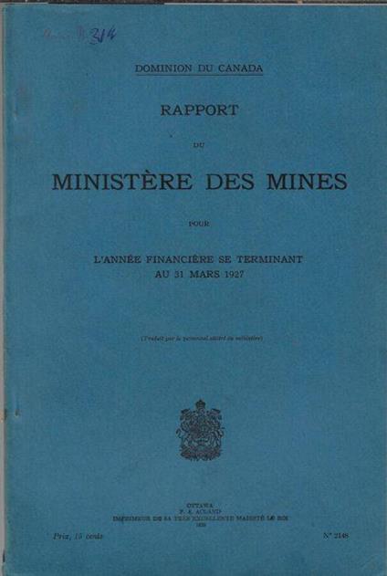 Rapport du Ministère des Mines pour l'année financière se terminant le 31 mars 1927 - copertina