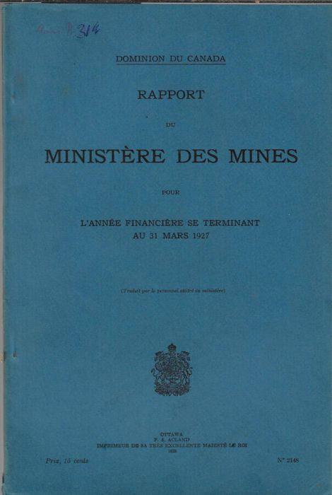Rapport du Ministère des Mines pour l'année financière se terminant le 31 mars 1927 - copertina