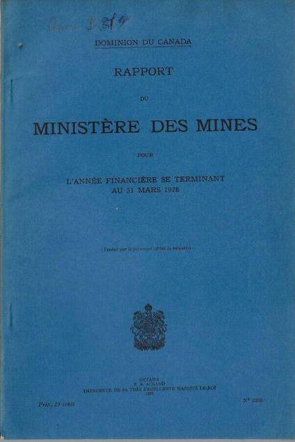 Rapport du Ministère des Mines pour l'année financière se terminant le 31 mars 1928 - copertina