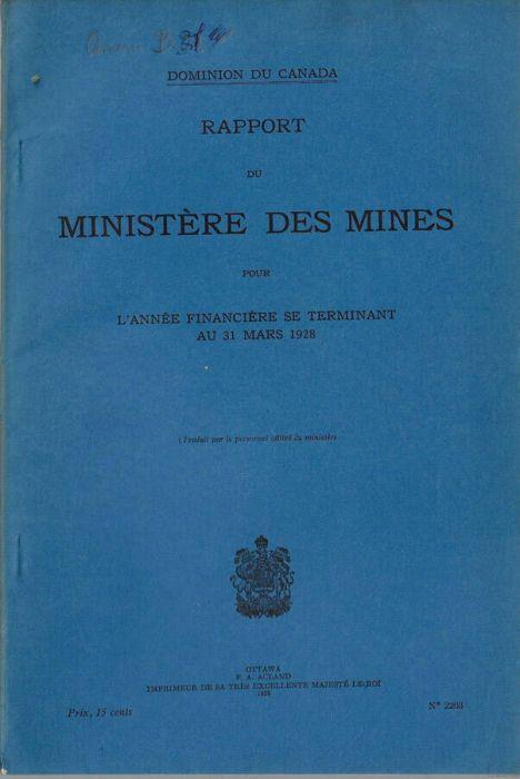 Rapport du Ministère des Mines pour l'année financière se terminant le 31 mars 1928 - copertina