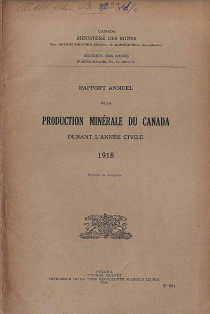 Rapport annuel de la production minérale du Canada durant l'année civile 1918 - copertina