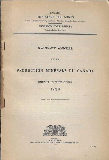 Rapport annuel de la production minérale du Canada durant l'année civile 1920 - copertina