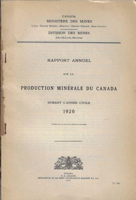 Rapport annuel de la production minérale du Canada durant l'année civile 1920 - copertina