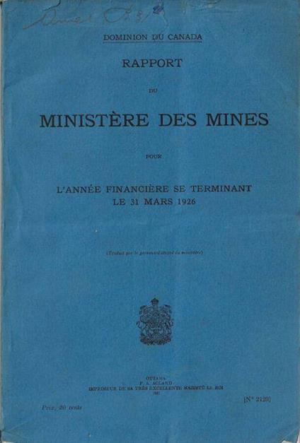 Rapport du Ministère des Mines pour l'année financière se terminant le 31 mars 1926 - copertina