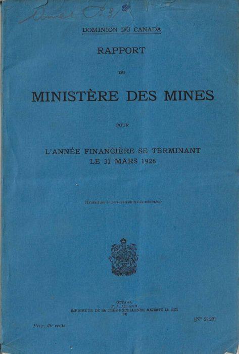 Rapport du Ministère des Mines pour l'année financière se terminant le 31 mars 1926 - copertina