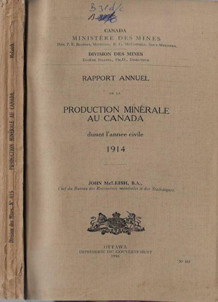 Rapport annuel de la production minérale au Canada durant l'année civile 1914 - copertina