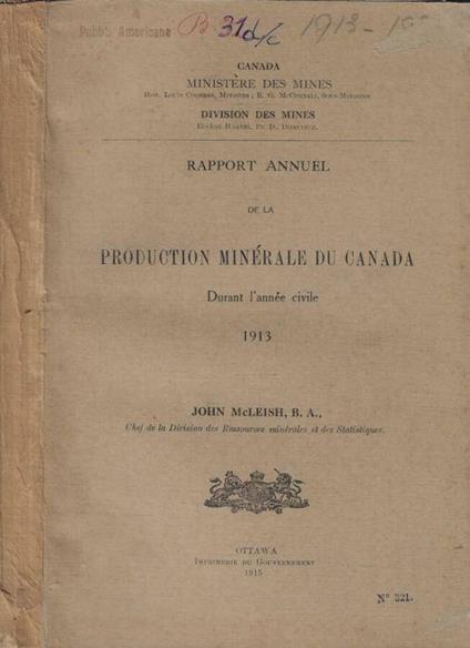 Rapport annuel de la production minérale du Canada durant l'année civile 1913 - copertina