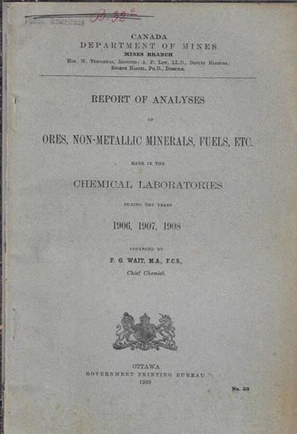 Report of analyses of ores, non-metallic minerals, fuels, etc. made in the chemical laboratories during the years 1906, 1907, 1908 - copertina