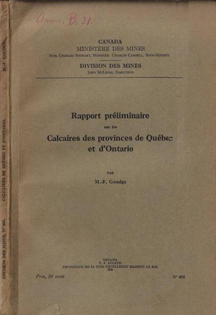 Rapport préliminaire sur les sables calcaires des provinces de Québec et d'Ontario - copertina