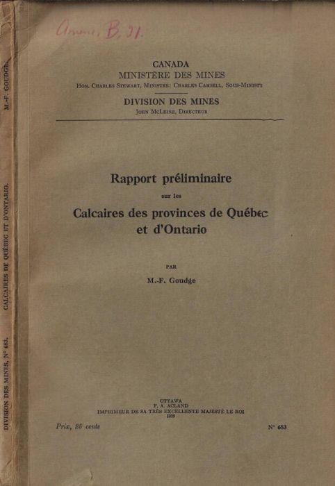 Rapport préliminaire sur les sables calcaires des provinces de Québec et d'Ontario - copertina