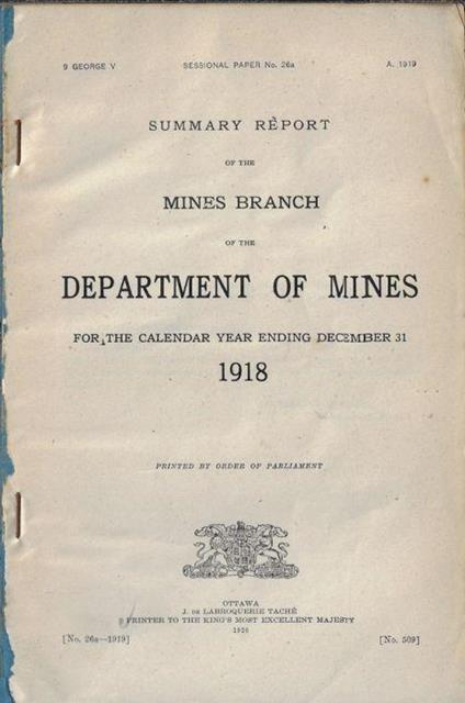 Summary report of the mines branch of the Department of Mines for the calendar year ending december 31 1918 - copertina