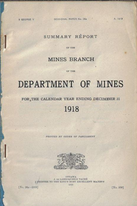 Summary report of the mines branch of the Department of Mines for the calendar year ending december 31 1918 - copertina