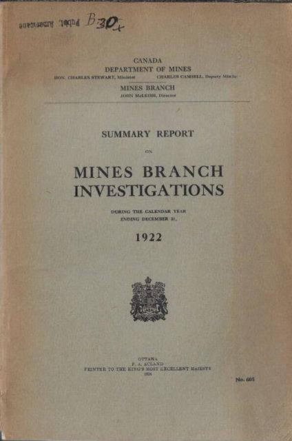 Summary report on mines branch investigations during the calendar year ending december 31, 1922 - copertina